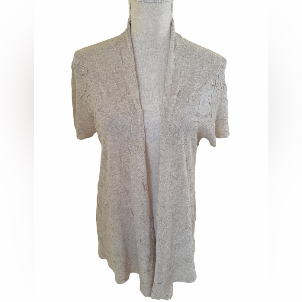 Eileen Fisher Light Tan/Cream Textured Mesh Open-Front Short-Sleeve Cardigan PL